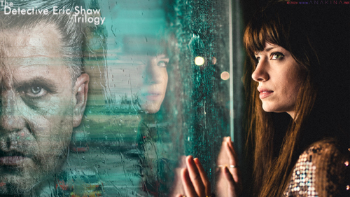 Wallpaper of the Detective Eric Shaw Trilogy: a woman by the window while it rains outside, the reflection of a man on the window pane