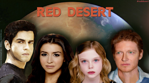 Wallpaper of Red Desert: Hassan, Anna, Melissa, and Jan with a half terraformed Mars on the background